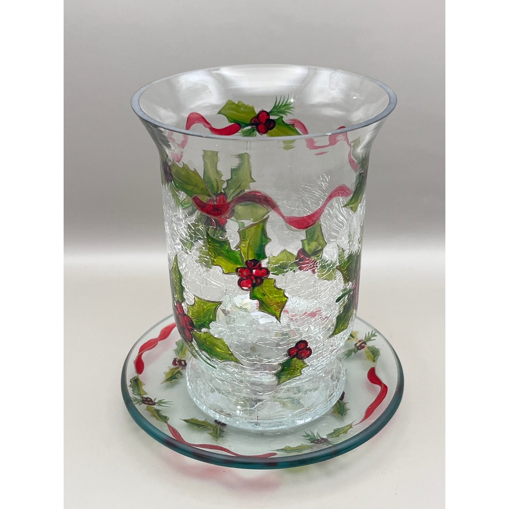 Christmas‎ Holly Berries Crackle Glass Hurricane Candle Holder Plate 6.5" As Is